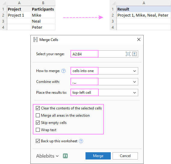 Combine the values of several cells into one cell. Combine the values of several cells into one cell.