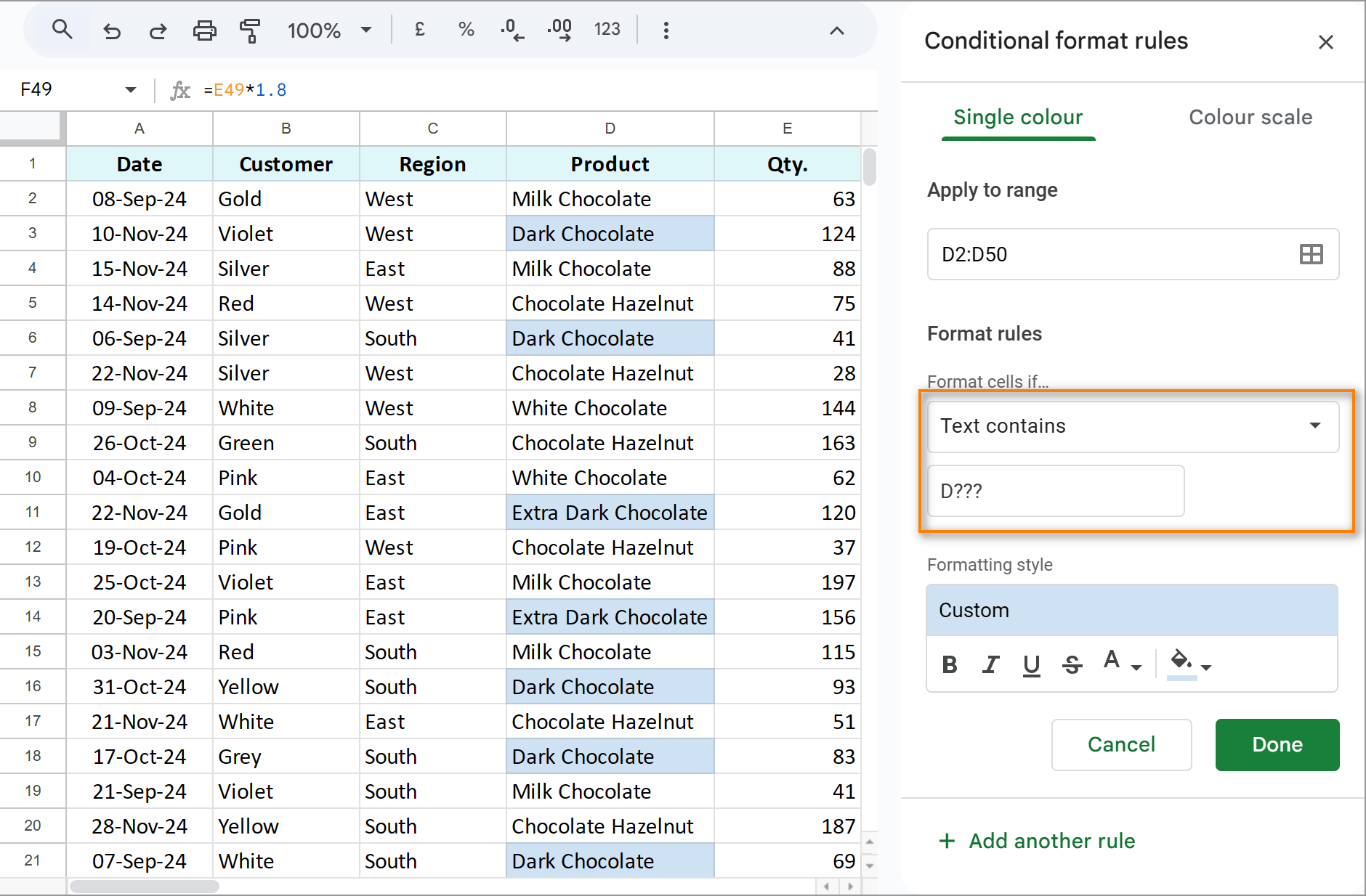 Use wildcards in Google Sheets conditional formatting to see if cell contains text. Use wildcards in Google Sheets conditional formatting to see if cell contains text.